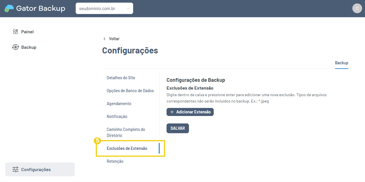 Imagem mostra tela de gerenciamento do gator backup, destacando opção "exclusões de extensão