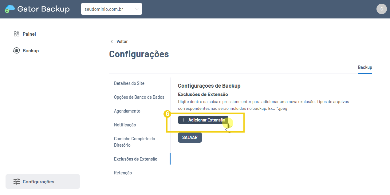 Imagem mostra o botão "+adicionar extensão" destacado para informar a extensão desejada