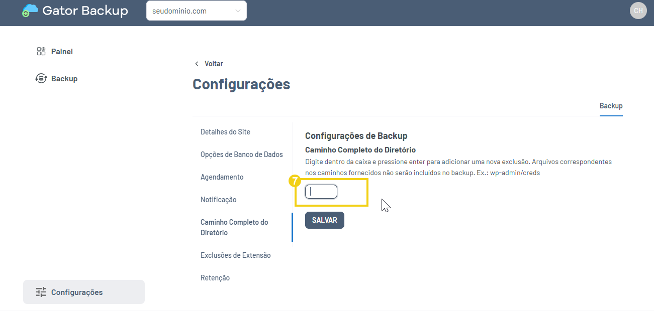 Imagem destaca o campo para descrever o diretório que será excluído do backup