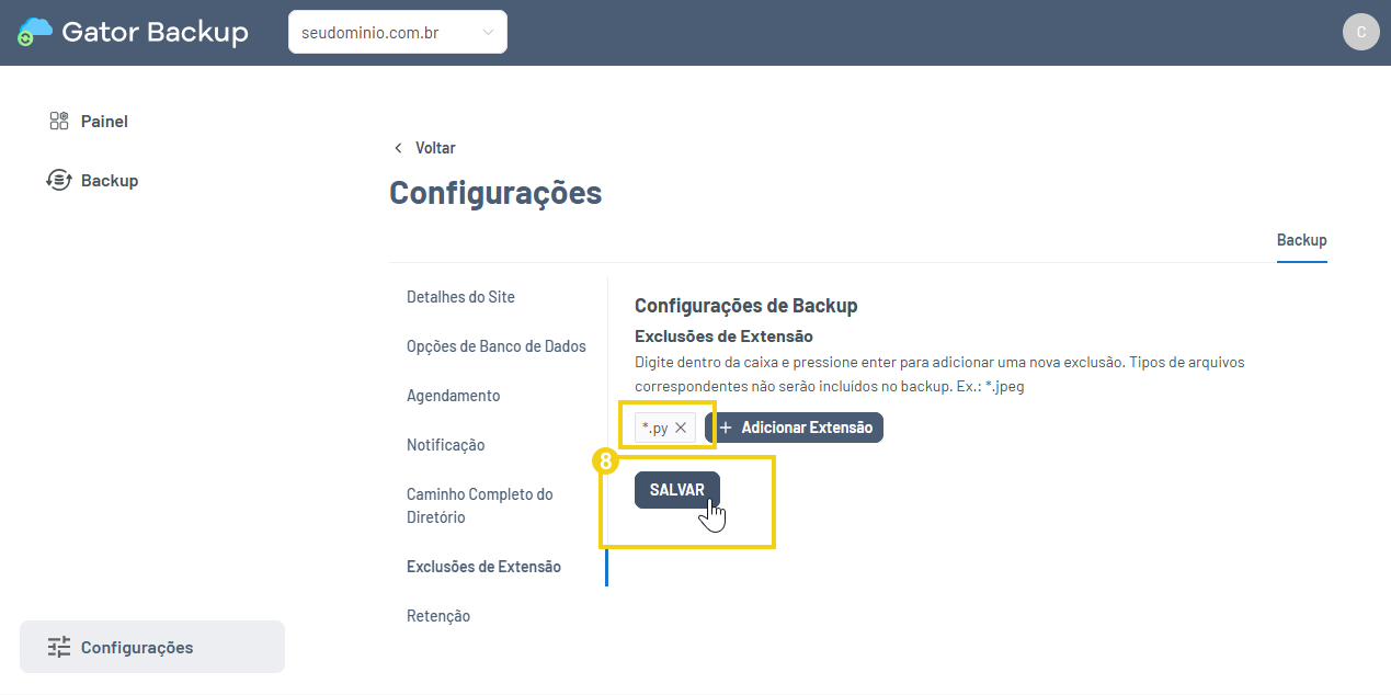 Imagem mostra botão "salvar" na página de exclusão de extensões