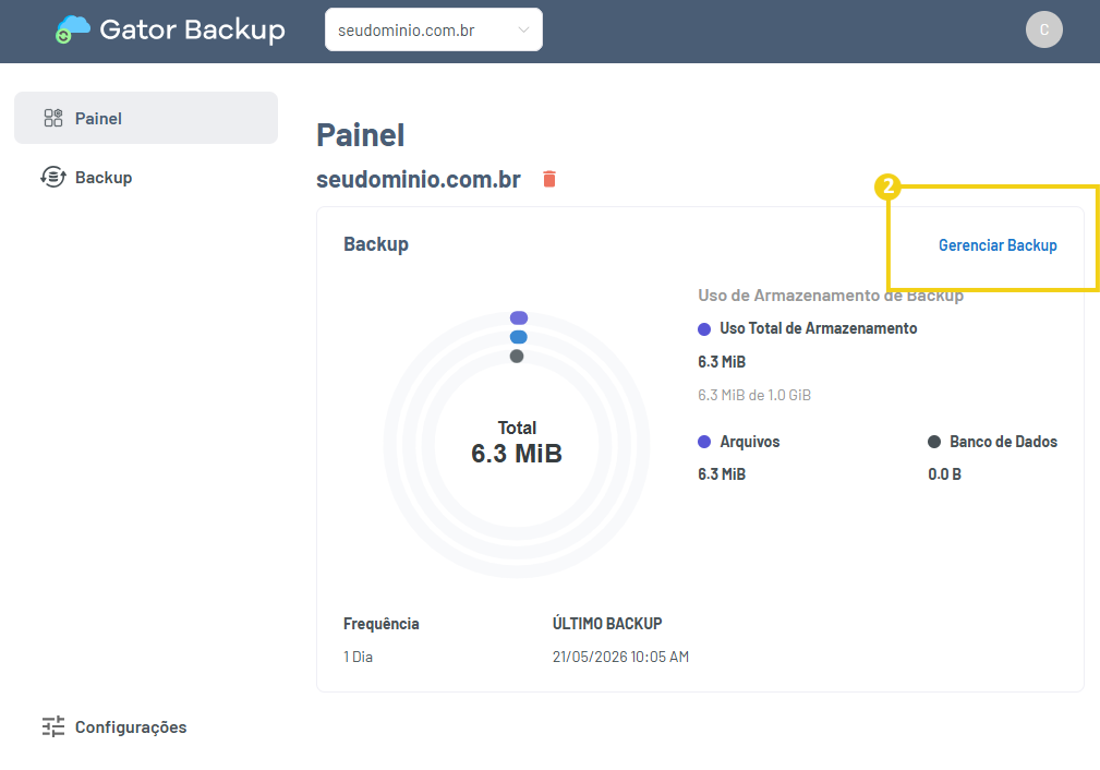 Imagem mostra a tela do Gator Backup com a marcação no botão "Gerenciar Backup"