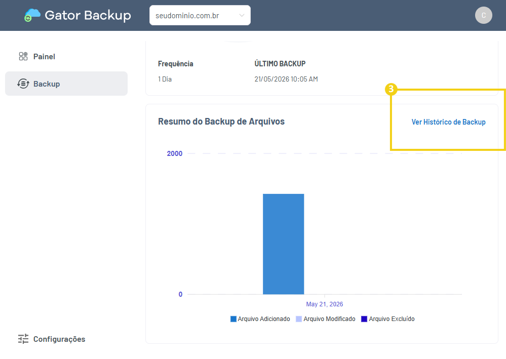 Imagem mostra a tela do Gator Backup com a marcação no botão "Ver Histórico de Backup""
