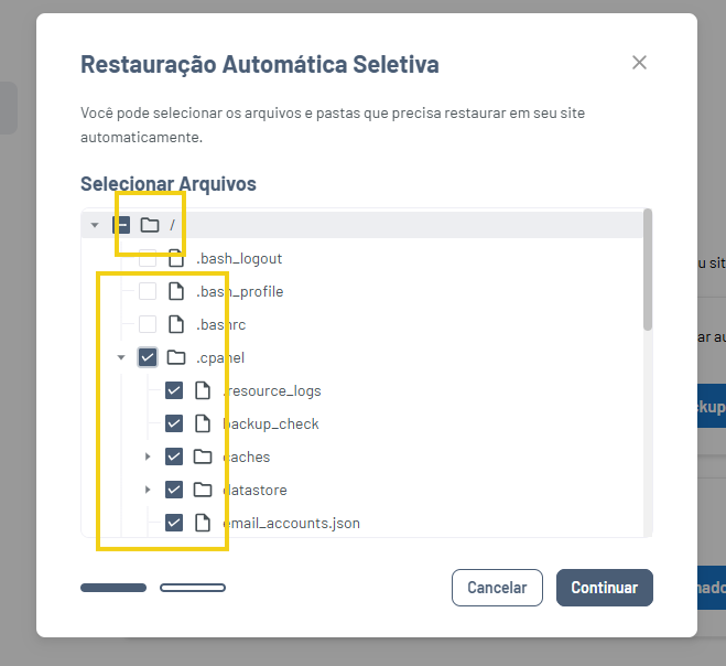 Imagem mostra a tela do Gator Backup com a marcação nas opções para escolher os arquivos