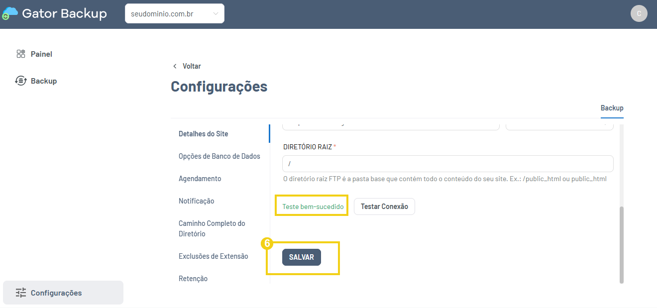 Imagem mostra feedback de sucesso na tela de configuração do Gator Backup, seguido do botão "Salvar"