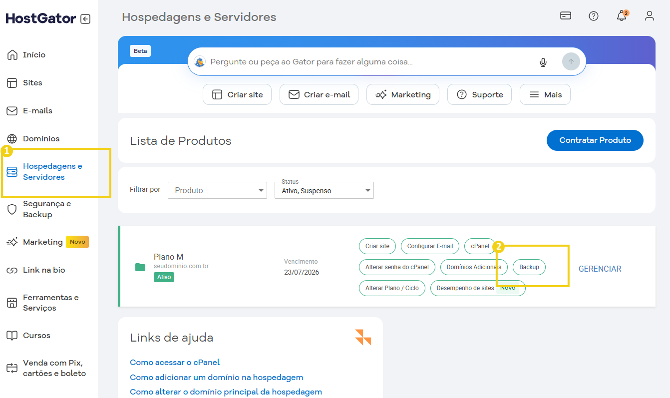 Página do painel de hospedagem e servidores no site HostGator, destacando opções como backup, domínio adicional e gerenciamento de planos. 