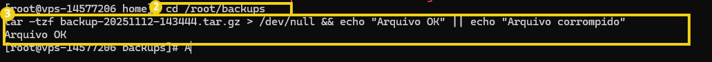 Captura de tela de um terminal de computador mostrando comandos de backup, verificando o arquivo com sucesso, destacando 'Arquivo OK' na saída.