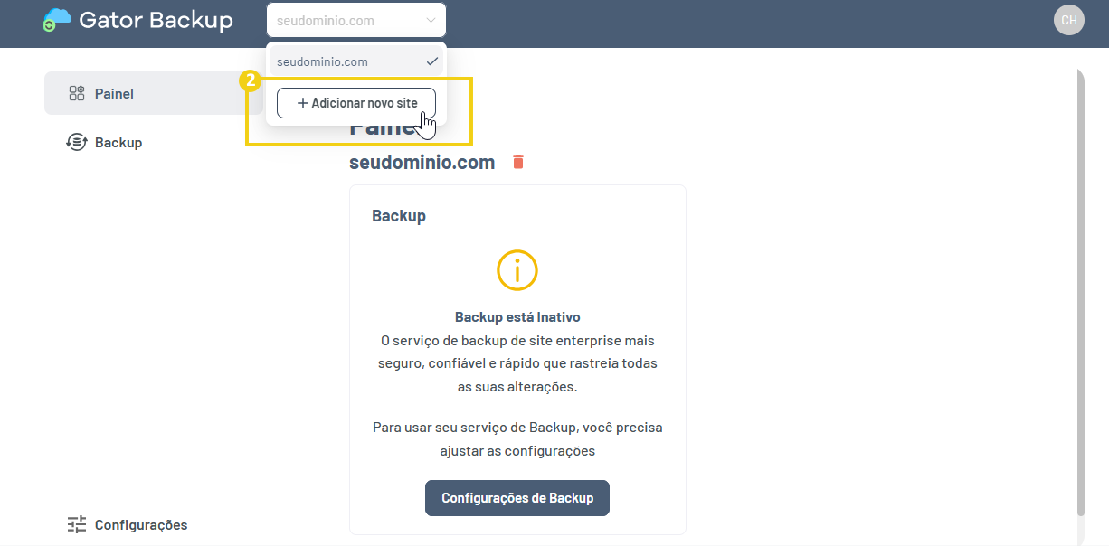 Imagem do painel de gerenciamento do Gator Backup, mostrando a opção "Adicionar novo site"