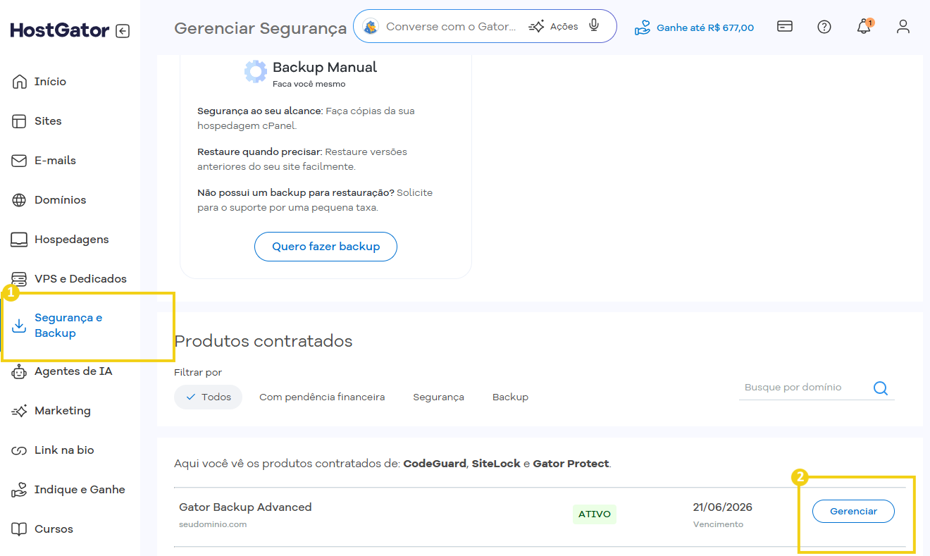 Tela do painel de backup do Gator Backup mostrando o domínio seudominio.com e o total de 6,3 MiB, com informações de frequência e último backup