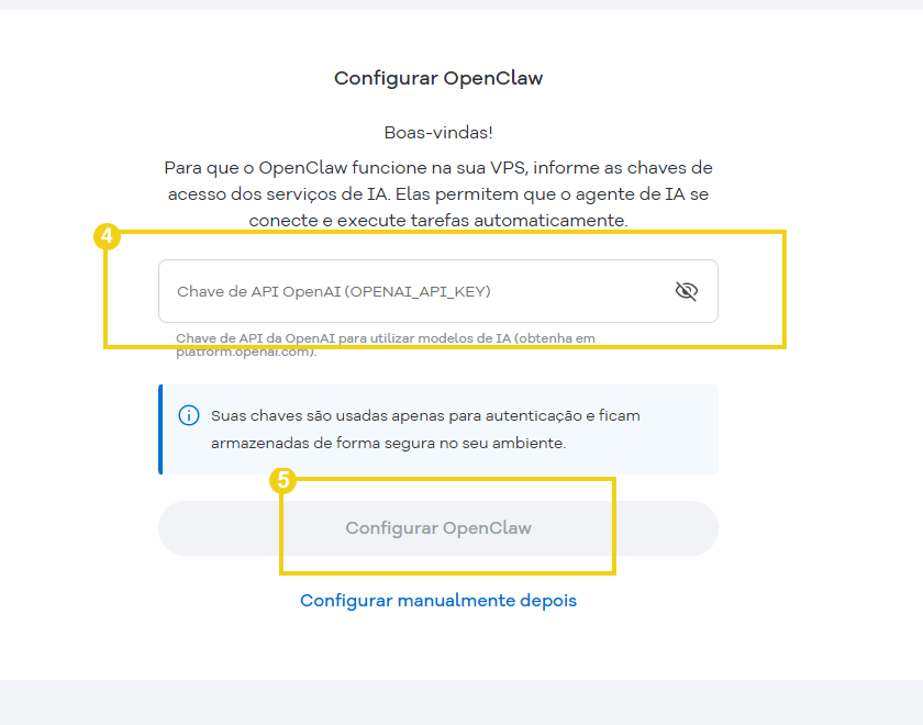 Configuração do OpenClaw na UI de VPN, com instruções para inserir a chave de API OpenAI para ativar modelos de inteligência artificial.