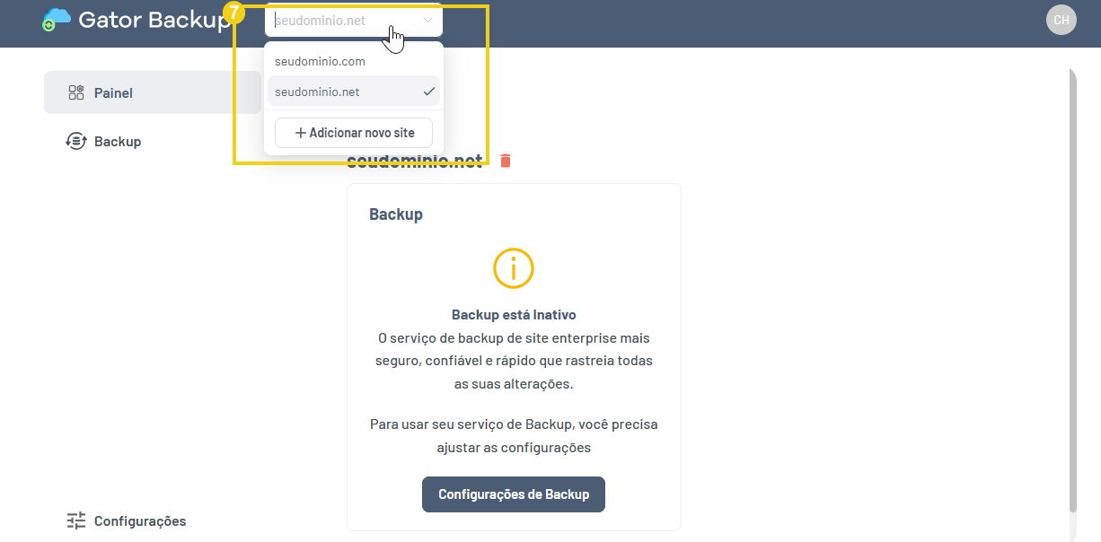 Imagem seleção do domínio na plataforma Gator Backup