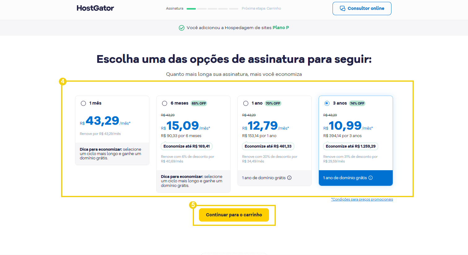 Imagem da tela em que mostra as opções de assinatura de planos da HostGator, destacando botão "Continuar para o carrinho"