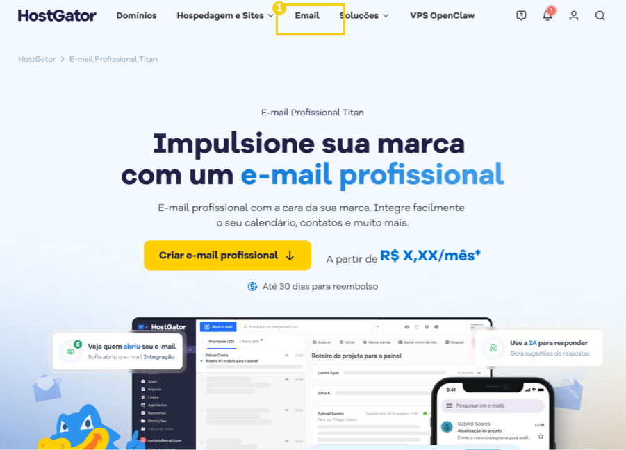 Imagem do site da HostGator, destacando o menu superior a opção "Email"