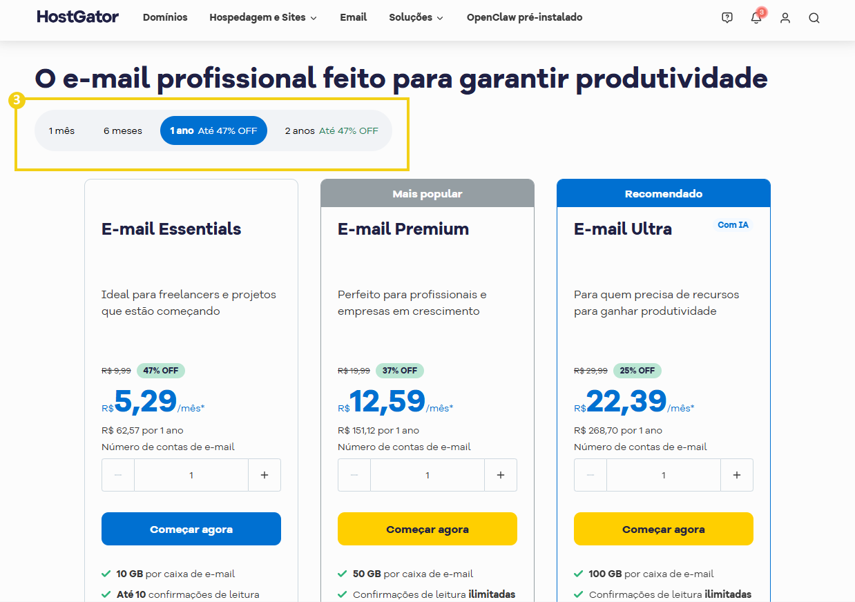 Imagem da tela de seleção do período de contratação do produto