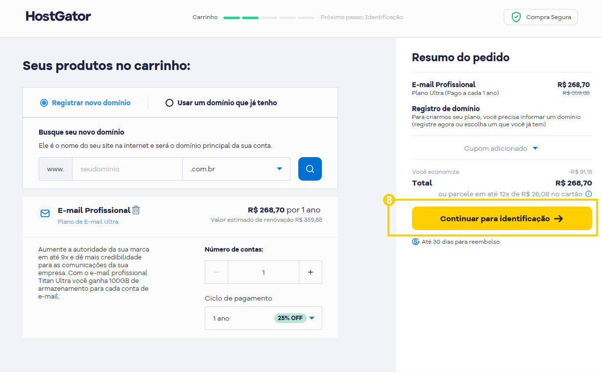 Tela do site da HostGator mostrando o processo de registro de domínio e pagamento para criar um site