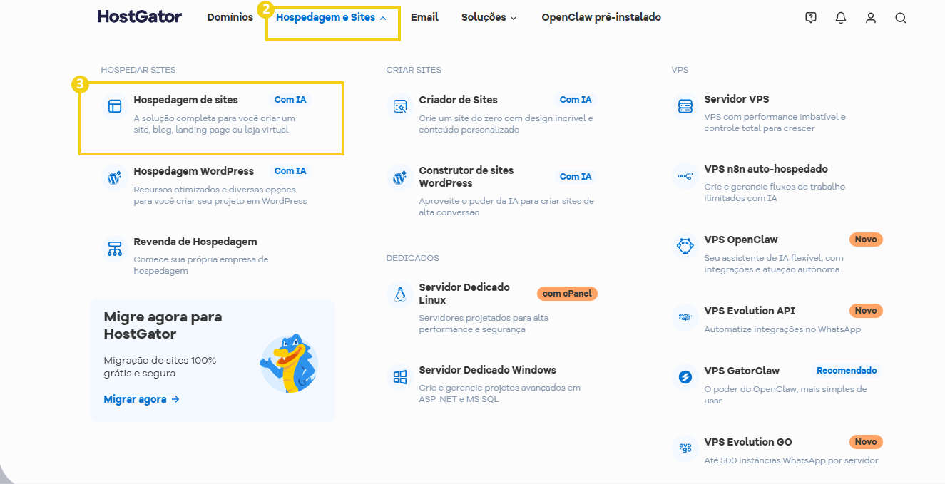 Imagem do site da HostGator, do menu superior "Hospedagem e Sites"