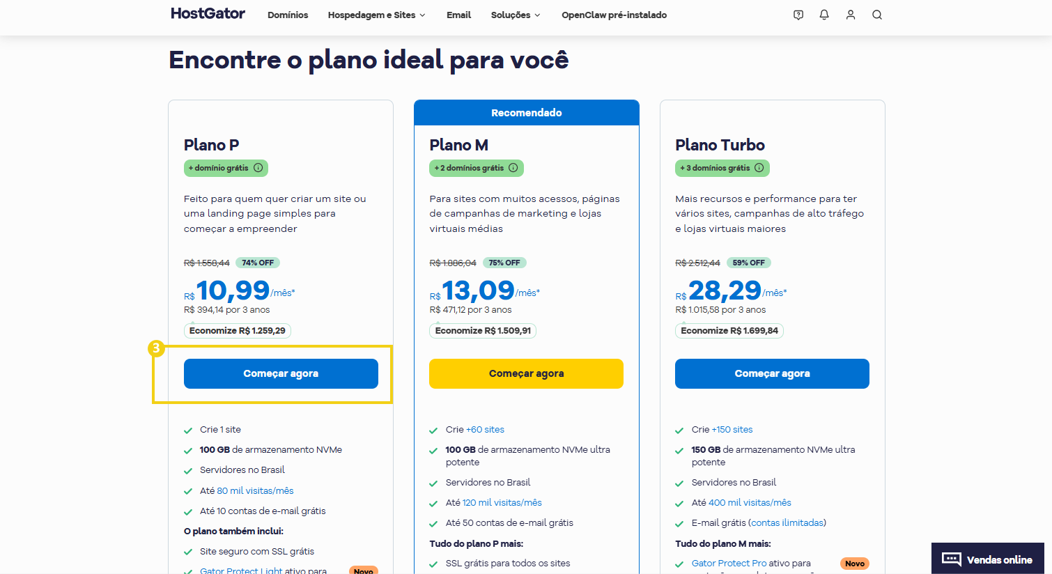 Imagem do site HostGator, destacando botão "começar agora" na tela de opções de planos de hospedagem