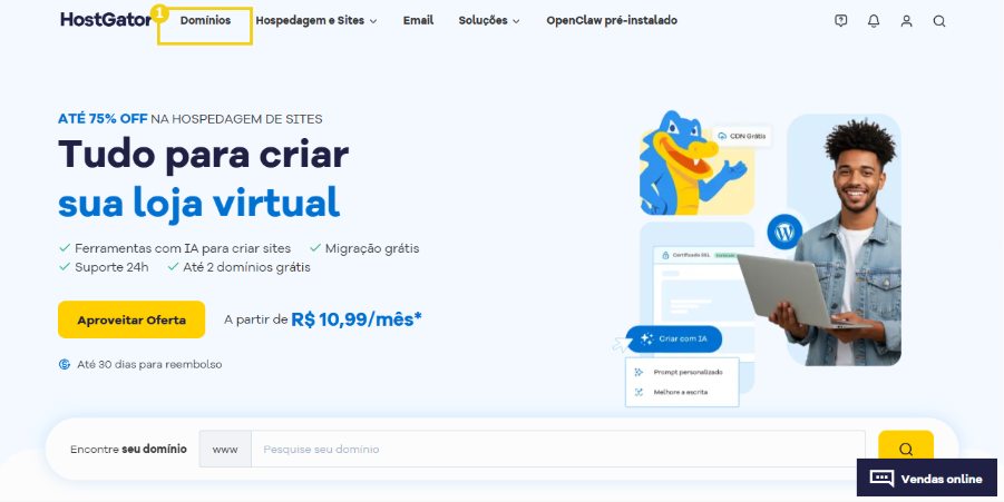 Imagem do site HostGator, especialista em hospedagem de sites, com destaque para planos acessíveis e suporte 24h, promovendo crescimento online.