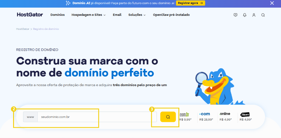 Tela do site da HostGator, indicando o campo para busca de domínios disponíveis para registro