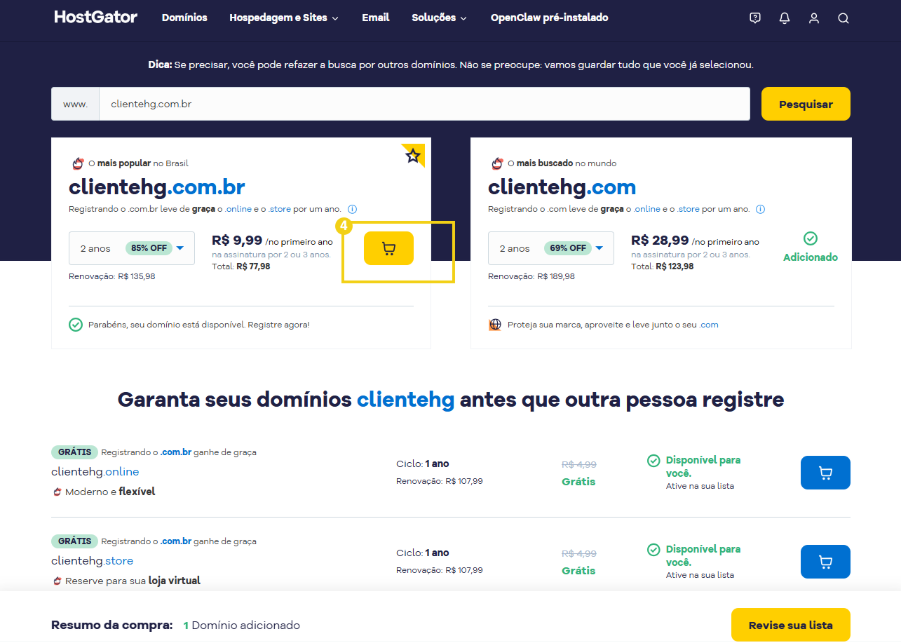 Imagem do site da HostGator, indicando ícone de carrinho para adição do domínio 