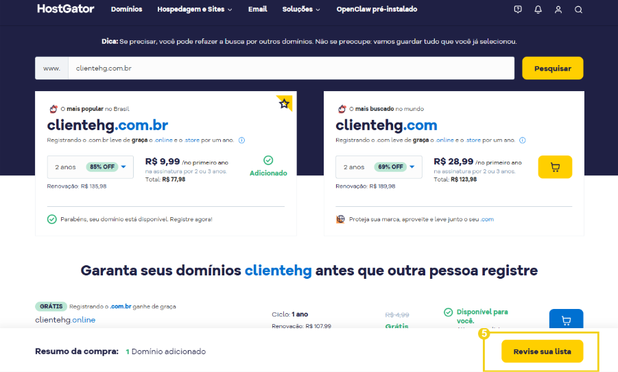 Imagem indicando a disponibilidade do domínio e botão "revise sua lista"
