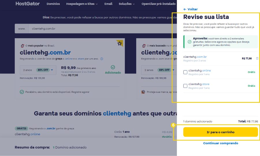 Imagem da área de compra, mostrando opção "revise sua lista" e botão "ir para o carrinho"