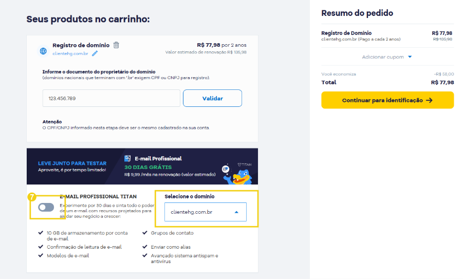 Imagem mostra campo para ativação do serviço "Titan Essentials" no carrinho de compras