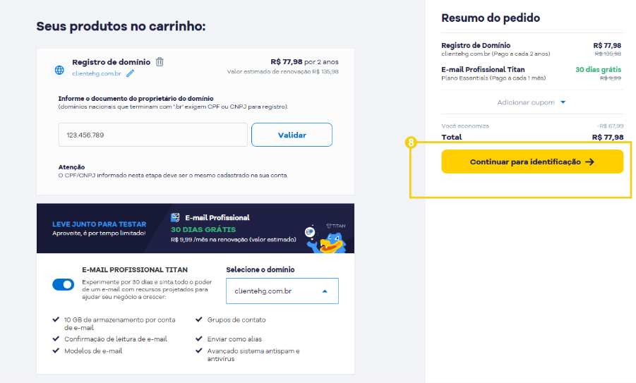 Imagem mostrando tela que antecede a conclusão do pedido, destacando o botão "continuar para identificação"