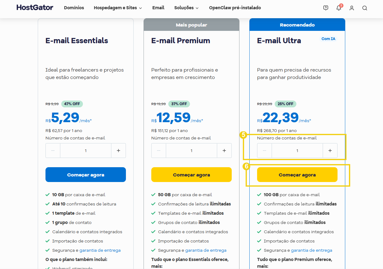 Imagem de uma página de web hosting da HostGator destacando planos de e-mail profissional para impulsionar sua marca com eficiência e segurança digital.