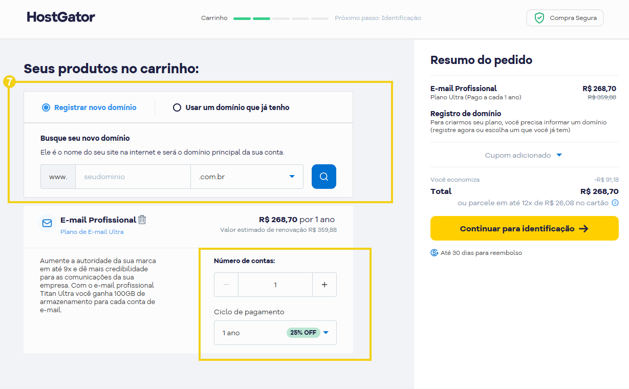 Imagem da tela do carrinho, destacando área para informar o domínio, número de contas e ciclo de pagamento