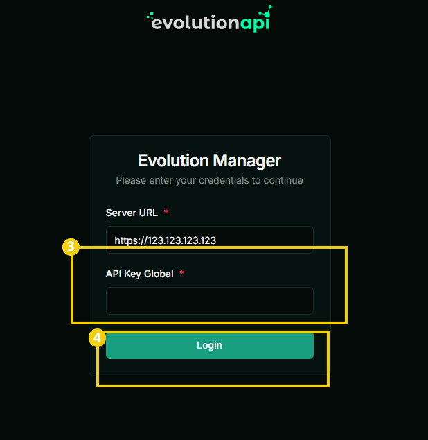 Imagem mostra a tela de login do Evolution GO, com marcação no campo para informar a API Key e em seguida a marcação no botão "Login"