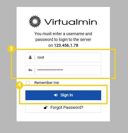 Imagem mostra a tela de login do Virtualmin, para informar o usuário, senha e clicar no botão "Sign In"