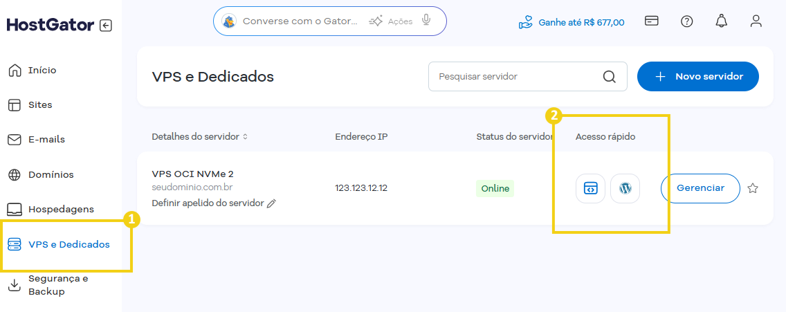 Imagem mostra a tela do Portal do Cliente com a marcação no menu lateral em "VPS e Dedicados" e depois no plano VPS, no ícone de acesso rápido do painel/aplicação