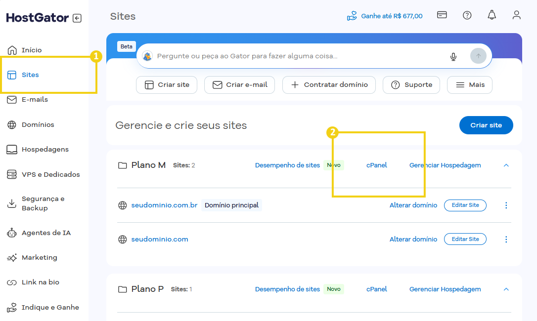 Imagem mostrando a interface do painel de controle no HostGator, destacando a opção 'cPanel' para gestão de sites na plataforma de hospedagem.
