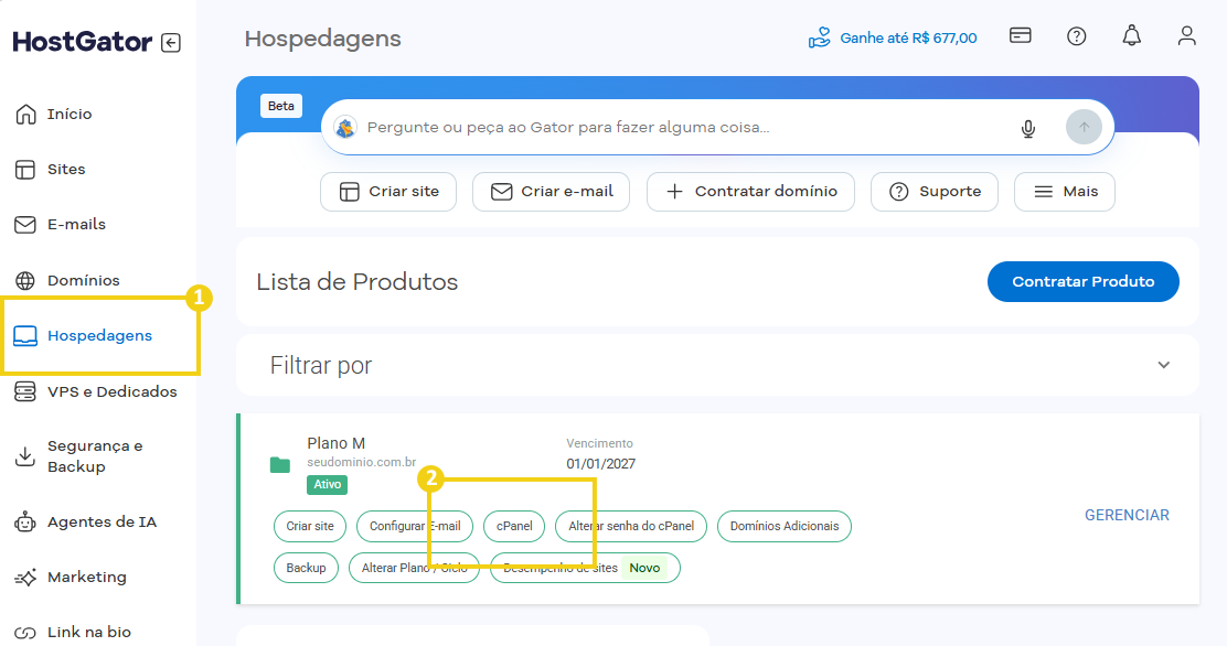 Captura de tela do painel de controle do HostGator com foco na seção de hospedagens e servidores, destacando o botão 'cPanel' em destaque. A imagem mostra uma interface de gerenciamento de sites, destacando opções de configuração.