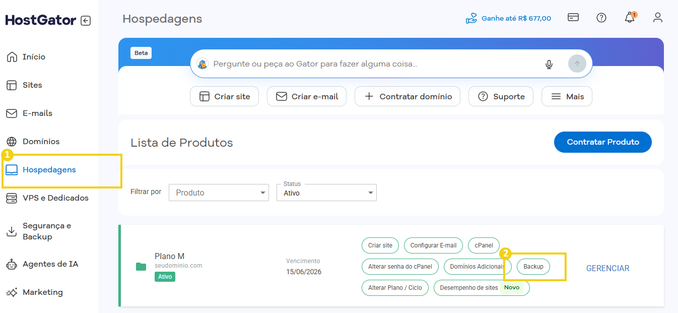 Tela de gerenciamento de hospedagens e servidores na plataforma HostGator, mostrando opções de backup, criar site, e configurações de hospedagem.