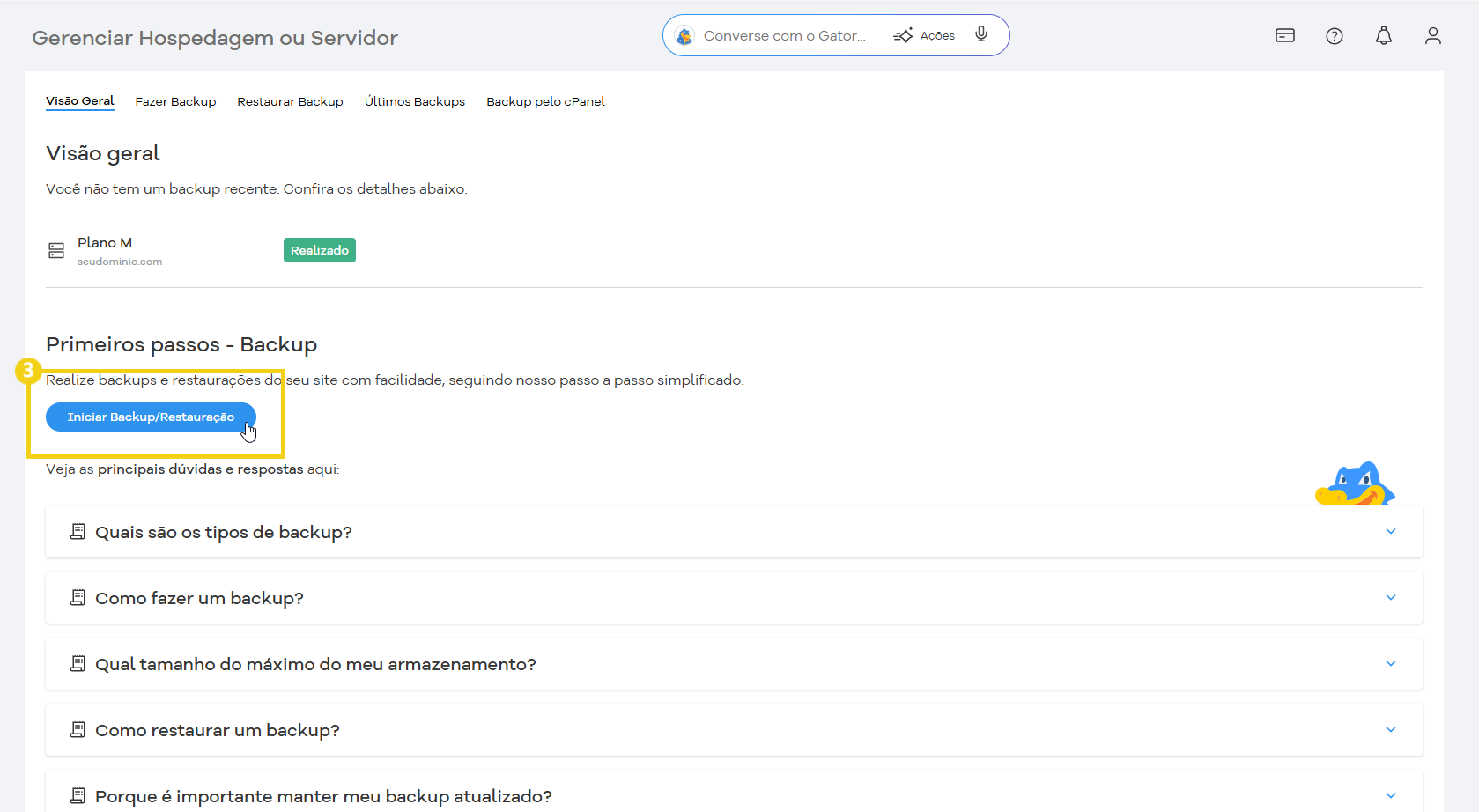 Tela de gerenciamento de hospedagem com opções de backup no painel do HostGator, incluindo botão de iniciar backup/restauração.