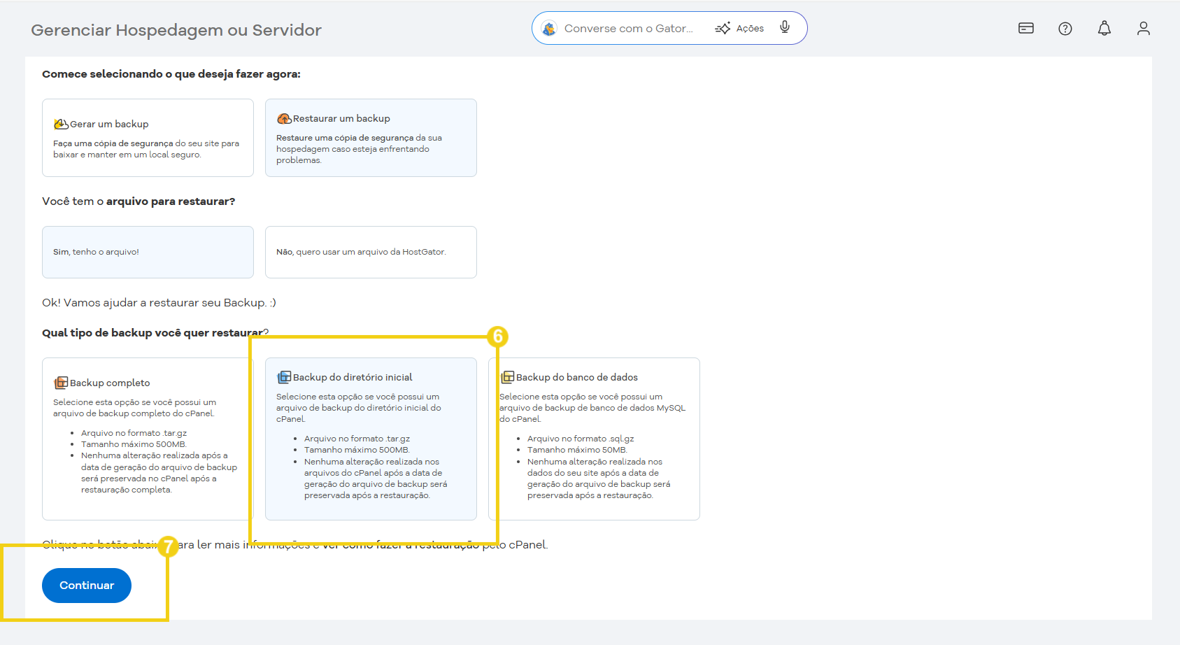 Tela de gestão de hospedagem no cPanel mostrando opções para restaurar backup e restaurar do backup online em hospedagem de servidor.