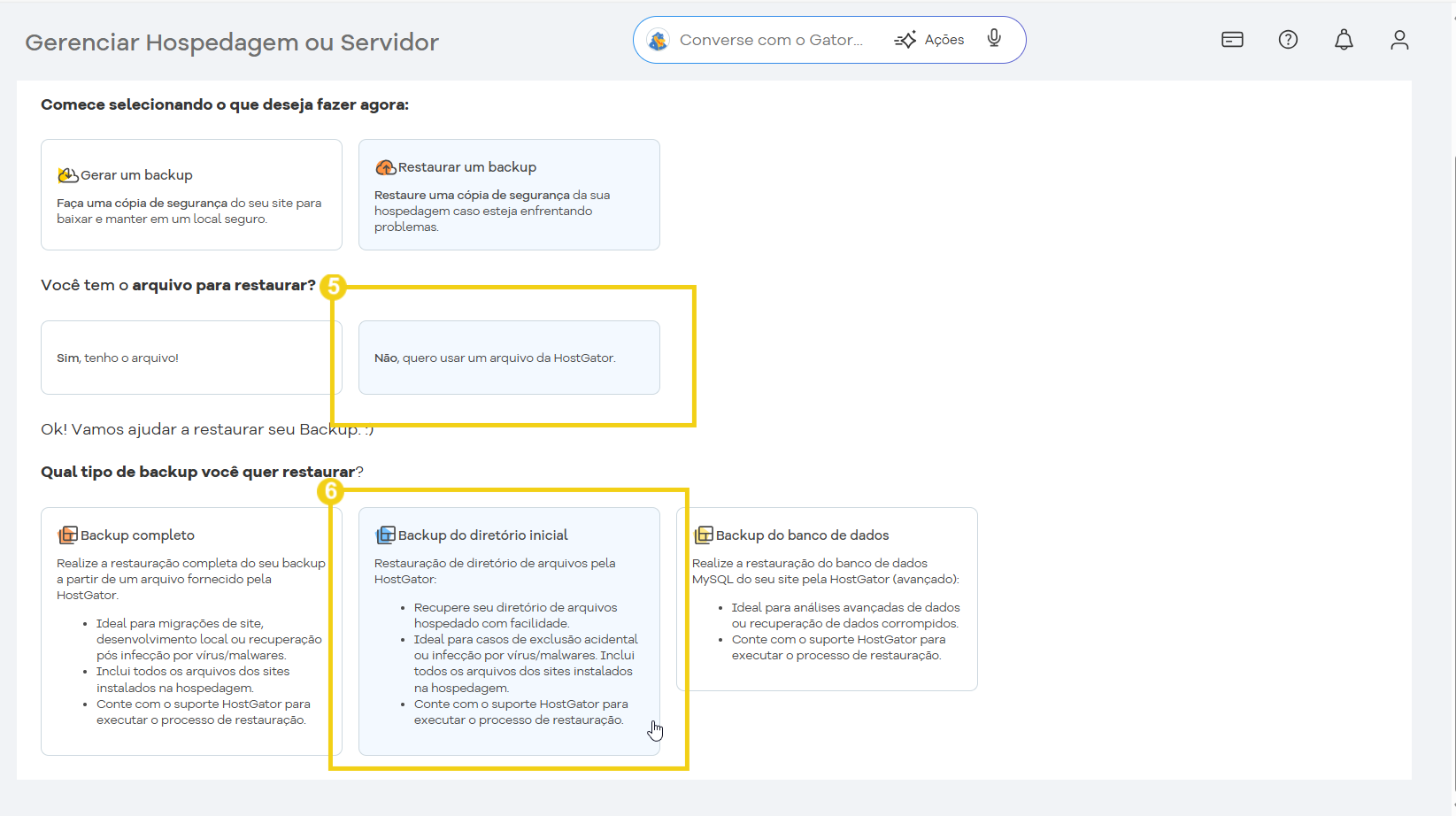 Imagem detalhada do painel de gerenciamento de hospedagem no HostGator, mostrando opções para restaurar backups e configurar backups completos e iniciais.