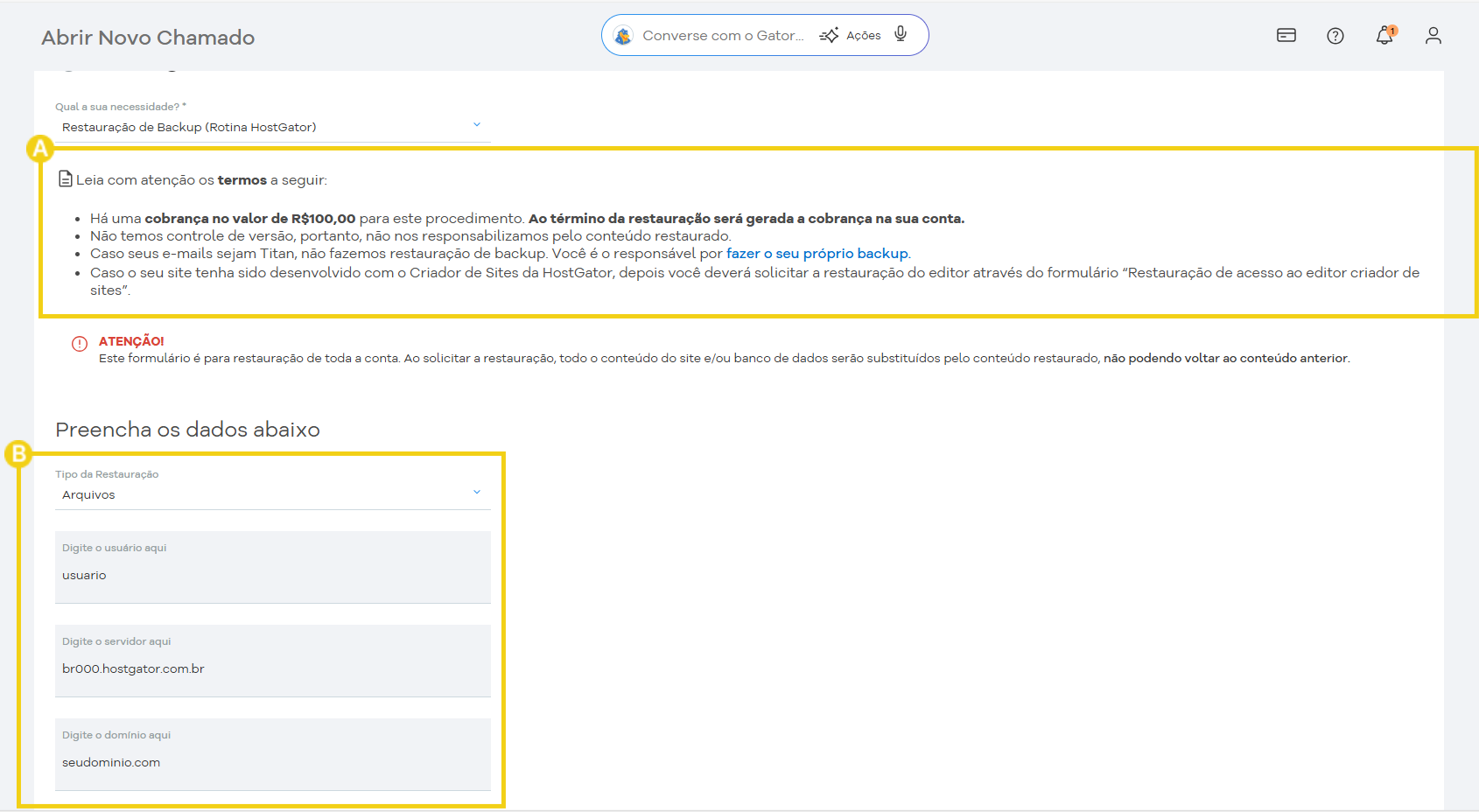 Página de backup no painel do HostGator, mostrando opções de restauração e preenchimento de dados de arquivo.