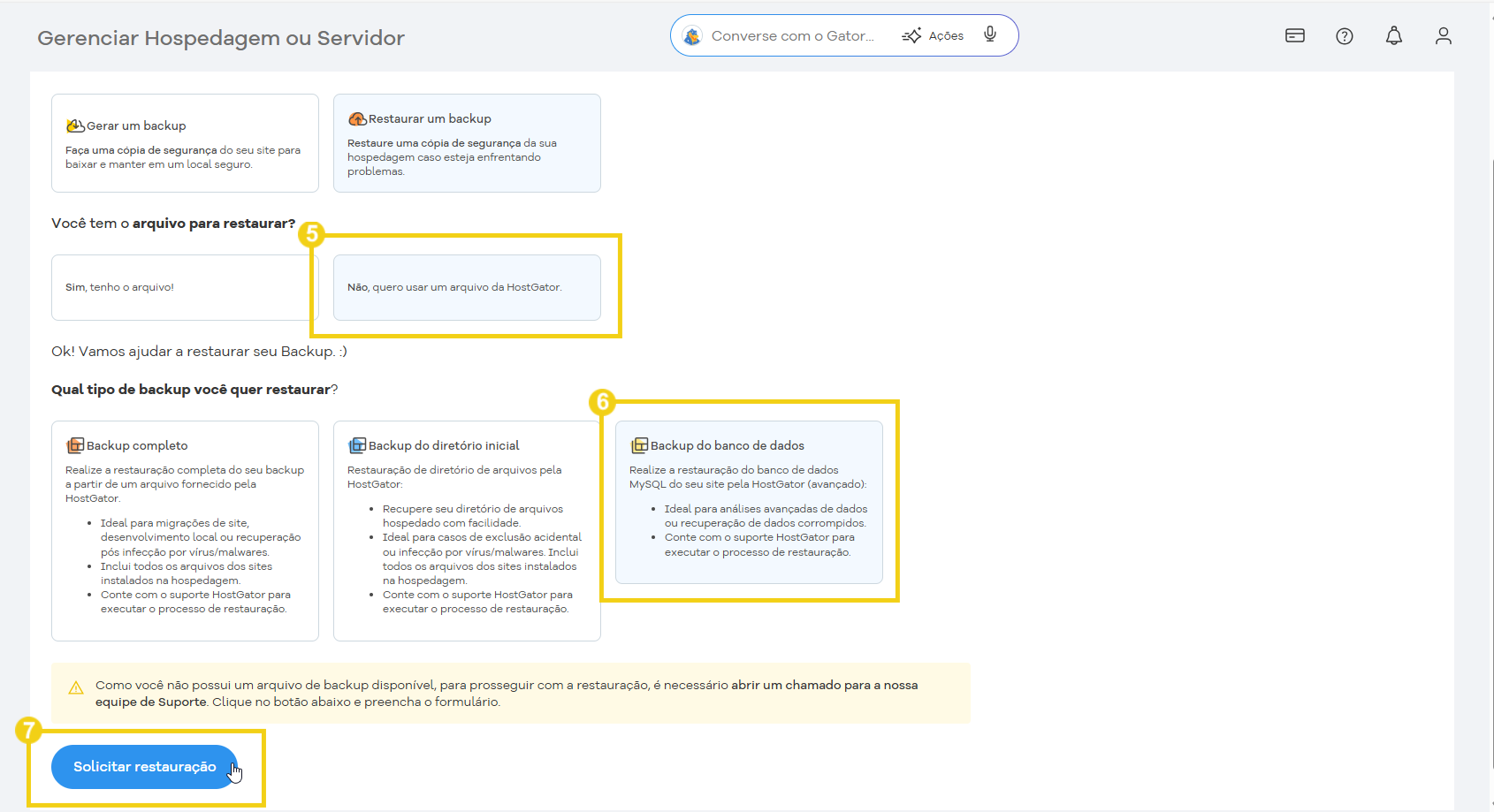 Gerenciamento de hospedagem ou servidor na plataforma HostGator, mostrando opções de backup e restauração de arquivos.