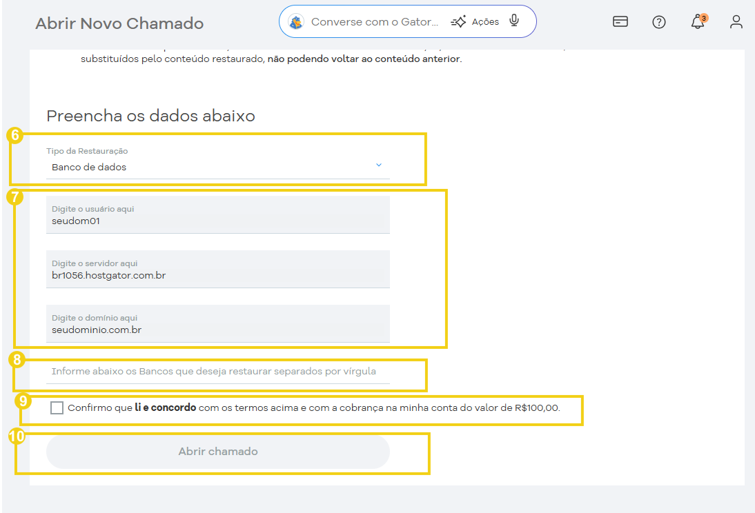 Tela de dados a serem preenchidos para abertura de chamado na HostGator