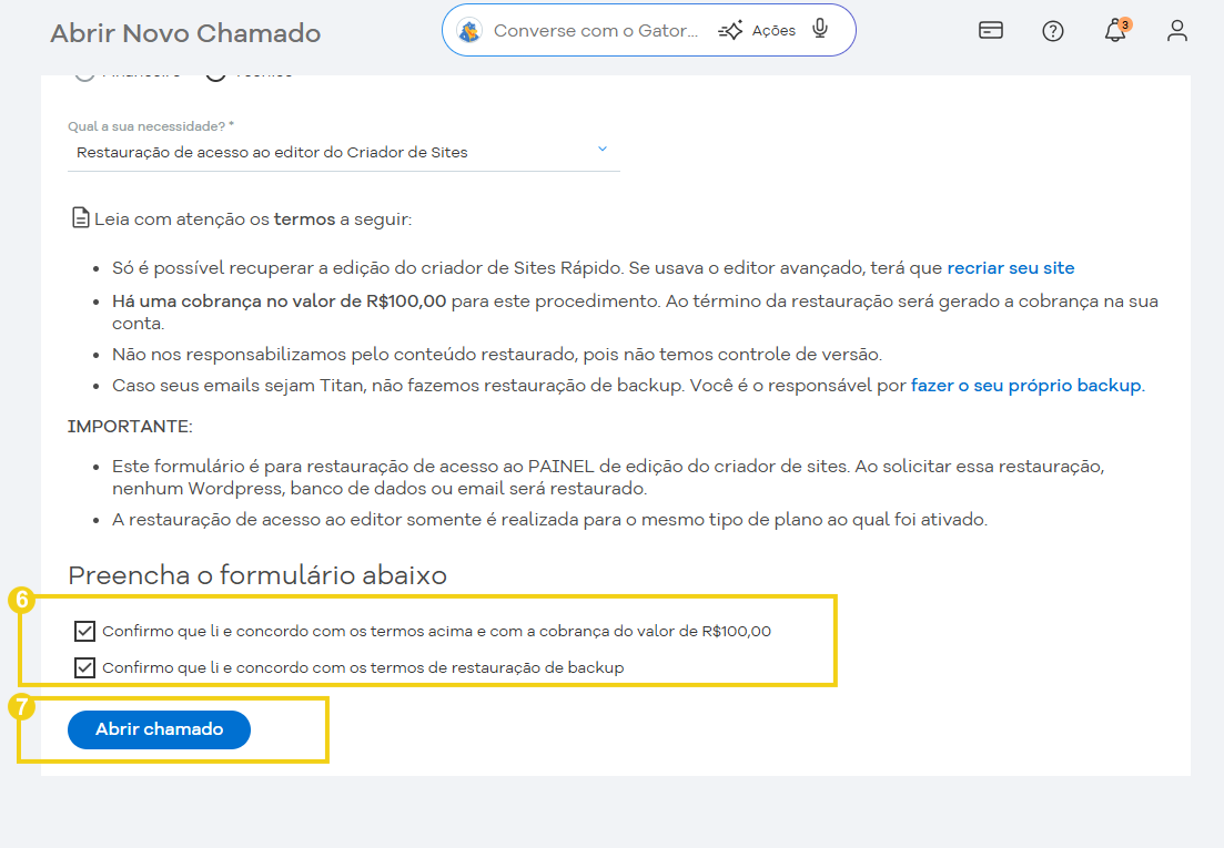 Captura de tela de uma página de suporte ao cliente no HostGator, destacando opções de contato e informações importantes sobre backups e restauração de site.