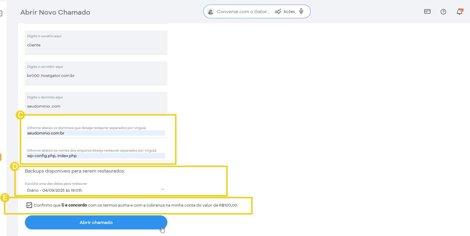 Site do HostGator mostrando a confirmação de termo de serviço e o botão 'Abrir chamado' em destaque, com elementos destacados em amarelo.