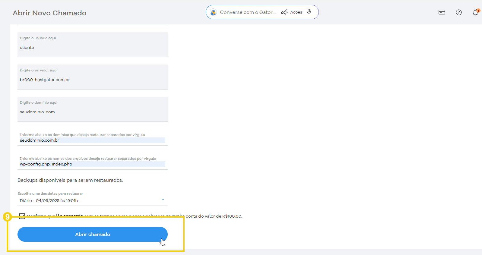 Site HostGator mostrando o botão "Abrir chamado" em destaque, com elementos destacados em amarelo