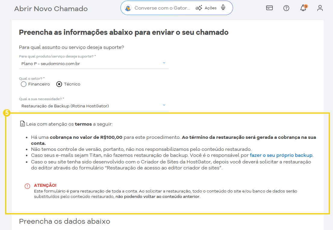 Termos de serviços destacados na tela em amarelo