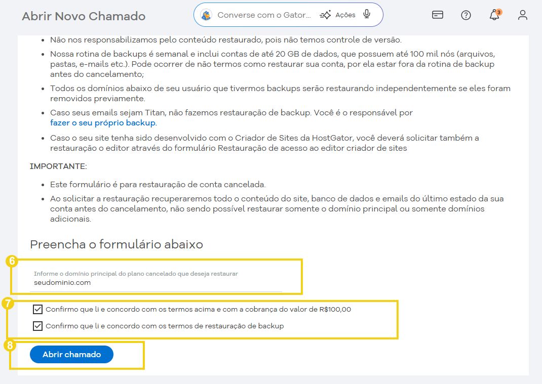 Online mostrando passos para restaurar plano cancelado, incluindo formulário, backup, e orientações importantes.