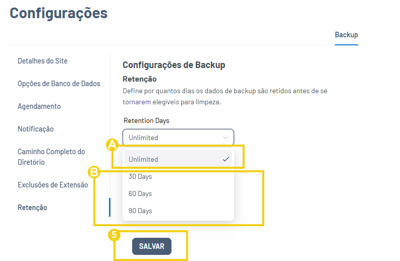 Imagem mostra a tela do Gator Backup para definir a retenção