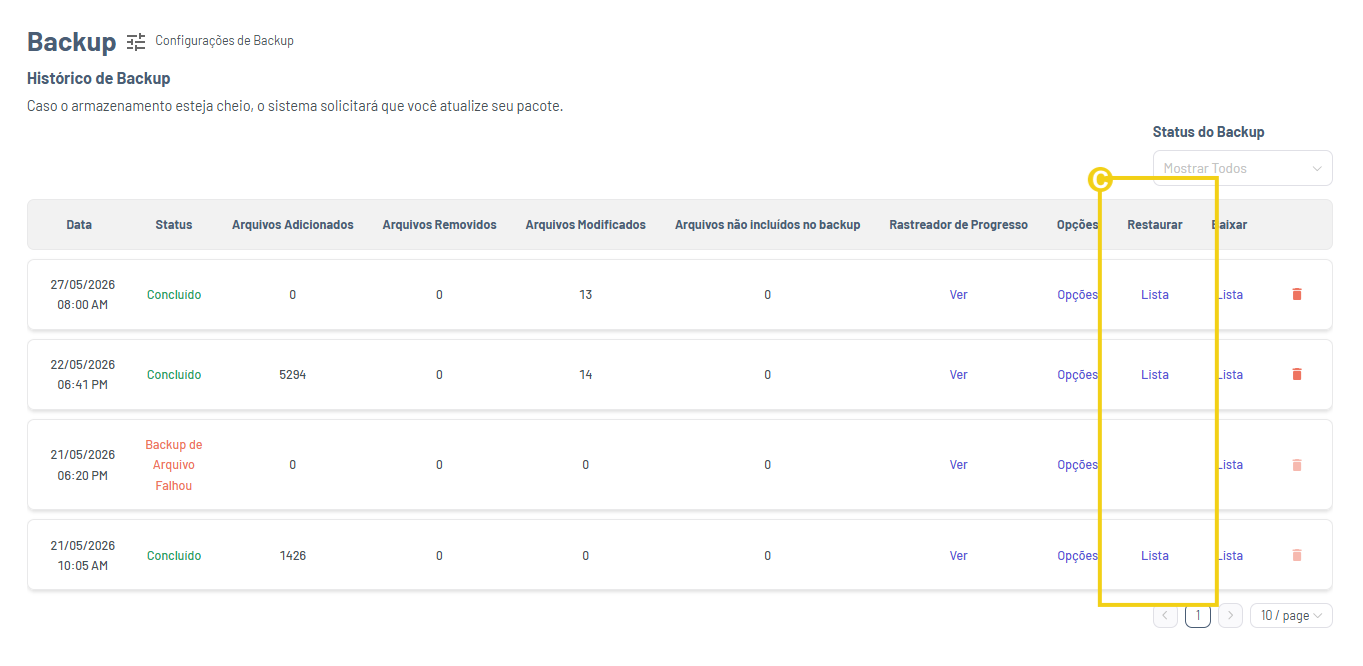 Imagem mostra a tela do Gator Backup com a listagem dos backups gerados e a marcação na coluna restaurar