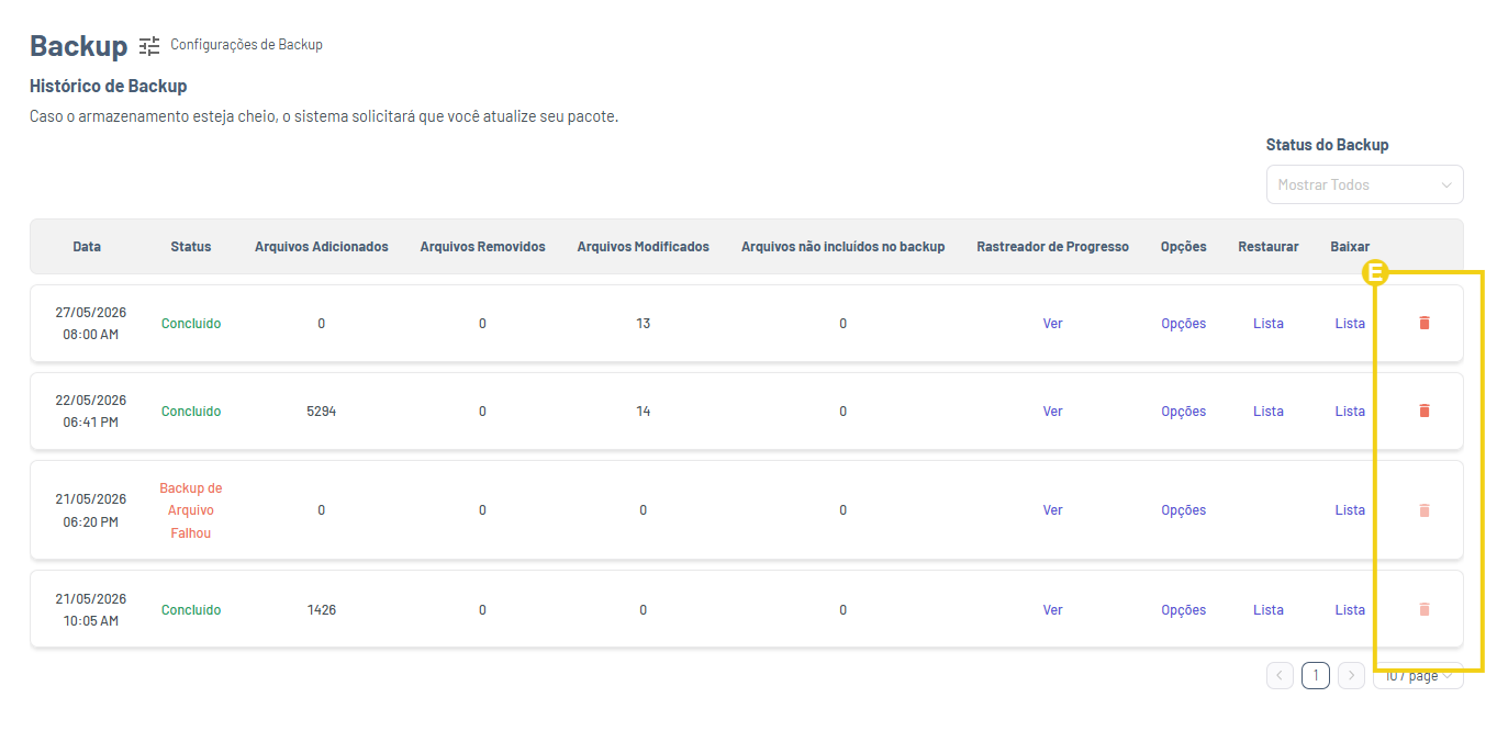 Imagem mostra a tela do Gator Backup com a listagem dos backups gerados e a marcação na coluna com os ícones de lixeira para excluir