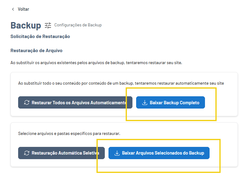 Imagem mostra a tela do Gator Backup na área de restauração, que é possível baixar os arquivos de backup